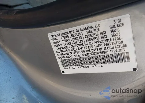2007 Honda Odyssey Ex-L z USA, uszkodzony, nr VIN 5FNRL38727B058866